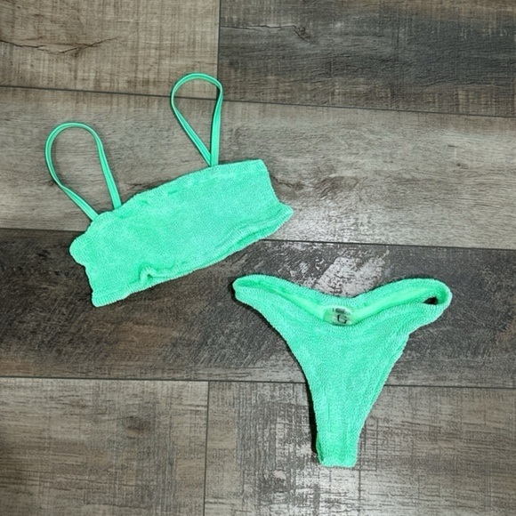 Hunza G Bikini Set Lime Green Neon Bright Crinkle Stretch Swimsuit - Picture 3 of 9
